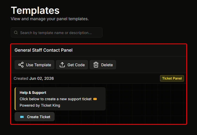 The Templates page with the template to share highlighted