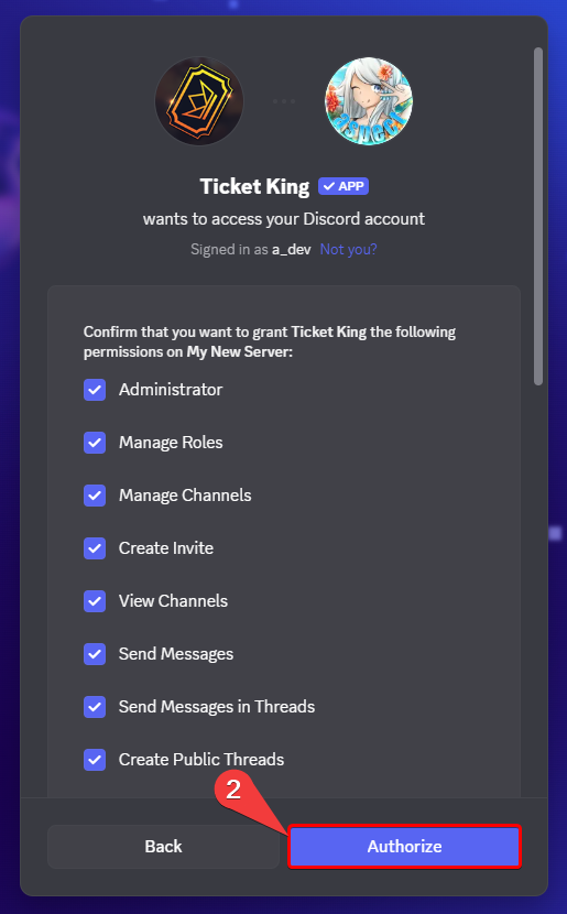 Discord's permission screen for the invite with the Authorize button