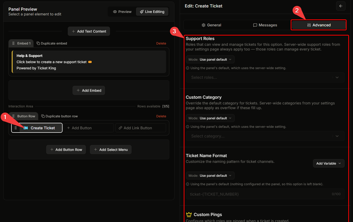 The per-option editor with the Advanced tab active, showing the Support Roles, Custom Category, Ticket Name Format, Cust