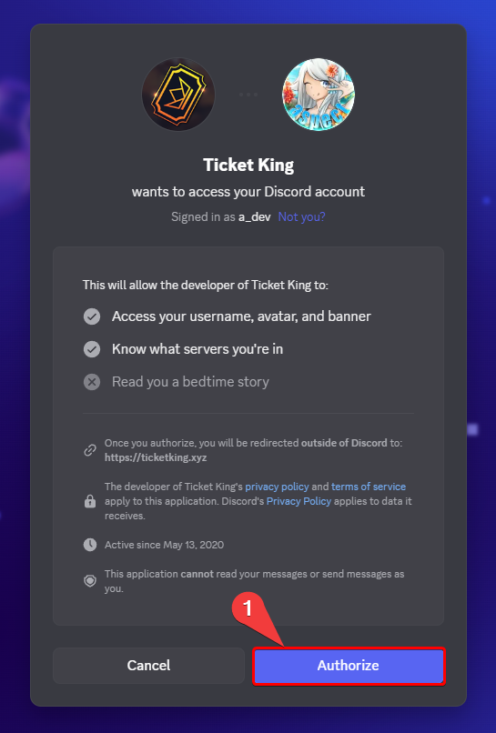 Discord's authorize screen for signing in to the dashboard