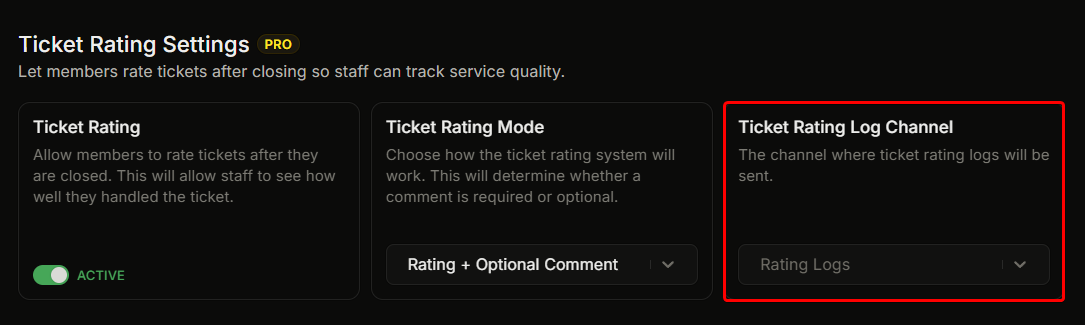 The Ticket Rating Settings group showing the Ticket Rating Log Channel selector