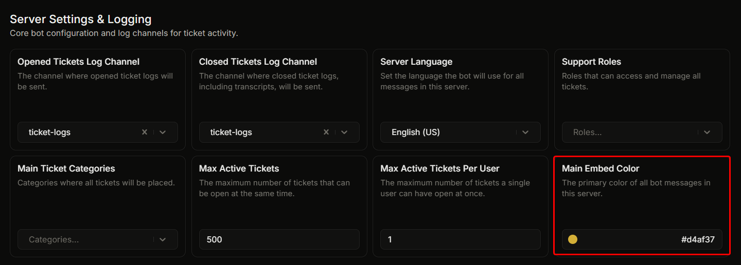 Settings page → Main Embed Color section with the color picker popover open