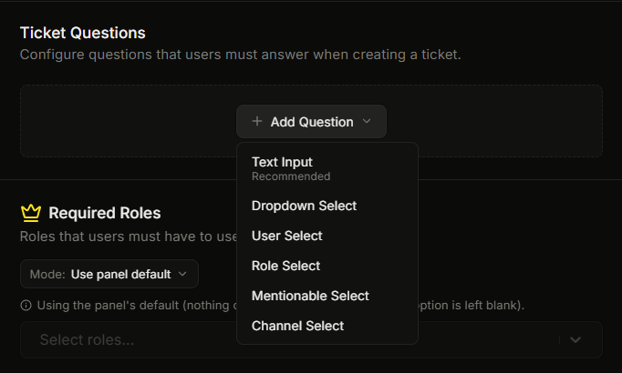 The Add Question dropdown menu in the per-option editor showing all six type options with their icons and Text Input lab