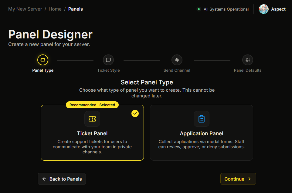 The creation wizard open on the Panel Type step, with the step indicator visible at the top