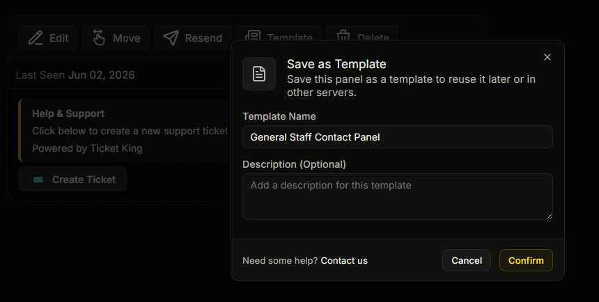 The Save as Template window with name and description fields