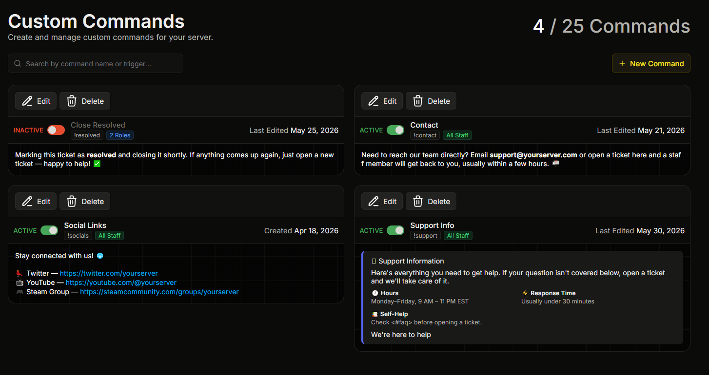 The Custom Commands list page showing 3-4 commands with their Edit/Delete buttons, enable/disable toggles, name/trigger