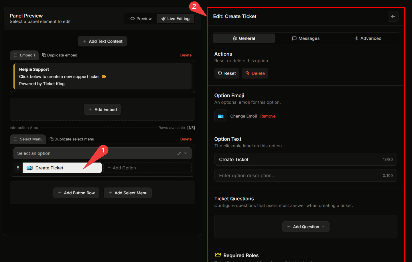 A panel in Discord with a select menu open showing multiple options with descriptions and emojis